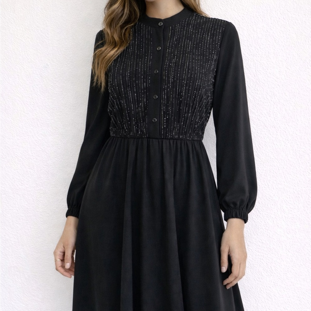 Vintage 60s Joan Curtis Black Sparkle Long Sleeve Midi Dress Small